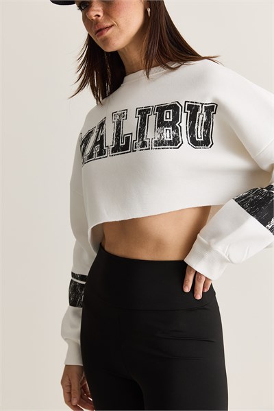Kadın Malibu Baskılı Bisiklet Yaka Crop Oversize Sweatshirt 828 60286649 - Beyaz