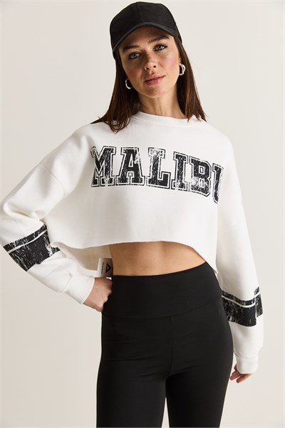 Kadın Malibu Baskılı Bisiklet Yaka Crop Oversize Sweatshirt 828 60286649 - Beyaz