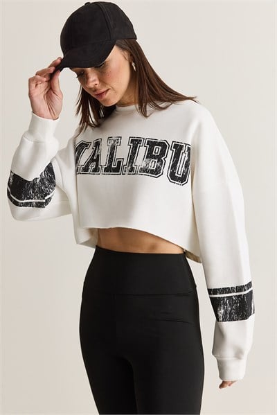 Kadın Malibu Baskılı Bisiklet Yaka Crop Oversize Sweatshirt 828 60286649 - Beyaz
