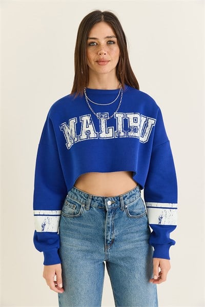 Kadın Malibu Baskılı Bisiklet Yaka Crop Oversize Sweatshirt 828 60286649 - Saks
