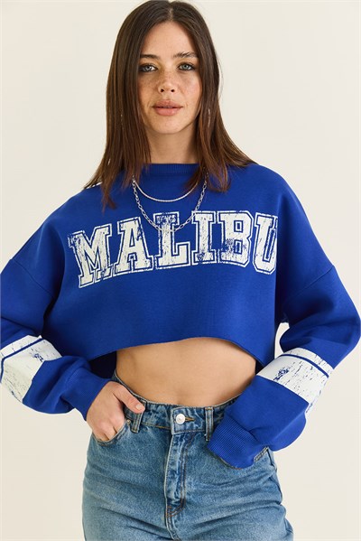 Kadın Malibu Baskılı Bisiklet Yaka Crop Oversize Sweatshirt 828 60286649 - Saks