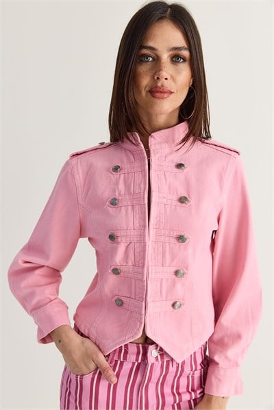 Kadın Mao Yaka Dekoratif Düğmeli Dar Kesim Denim Napolyon Ceket 2955 60286503 - Pembe