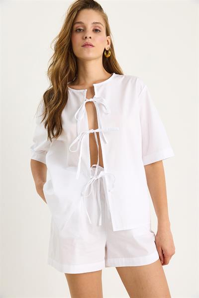 Kadın Masai Bağlamalı Gömlek Beli Lastikli Cep Detaylı Şort Poplin Takım 9371 60281097 - Beyaz