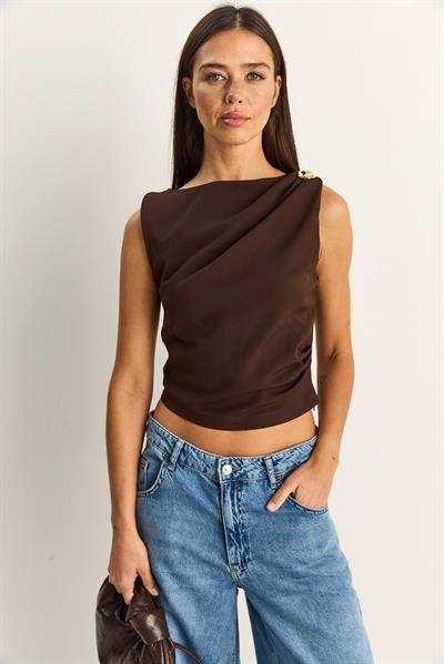 Kadın Metal Aksesuarlı Drape Detaylı Gizli Fermuarlı Bluz 20206 60286133 - Acı Kahve