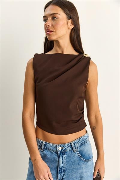 Kadın Metal Aksesuarlı Drape Detaylı Gizli Fermuarlı Bluz 20206 60286133 - Acı Kahve