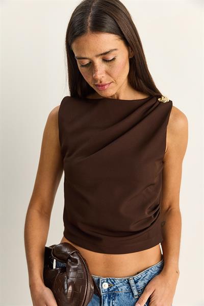 Kadın Metal Aksesuarlı Drape Detaylı Gizli Fermuarlı Bluz 20206 60286133 - Acı Kahve