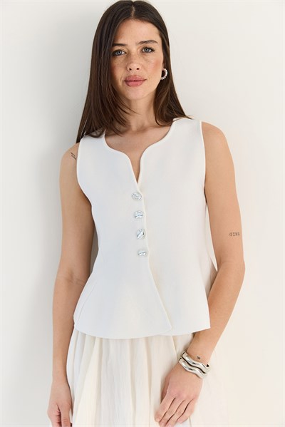 Kadın Metal Düğme Detaylı V Yaka Peplum Triko Yelek 2785 60286529 - Ekru