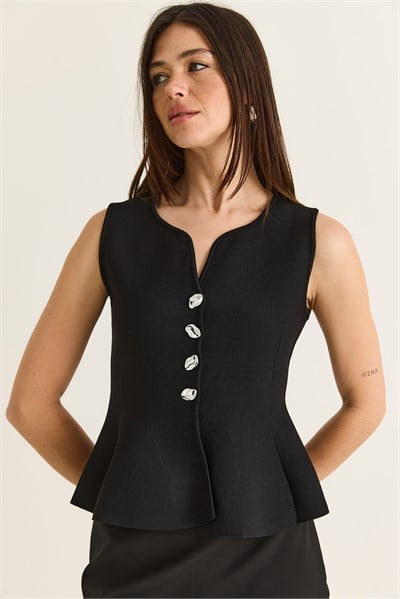 Kadın Metal Düğme Detaylı V Yaka Peplum Triko Yelek 2785 60286529 - Siyah