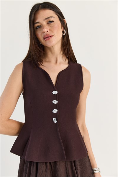 Kadın Metal Düğme Detaylı V Yaka Peplum Triko Yelek 2785 60286529 - Mürdüm