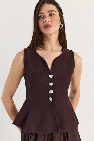 Kadın Metal Düğme Detaylı V Yaka Peplum Triko Yelek 2785 60286529 - Mürdüm