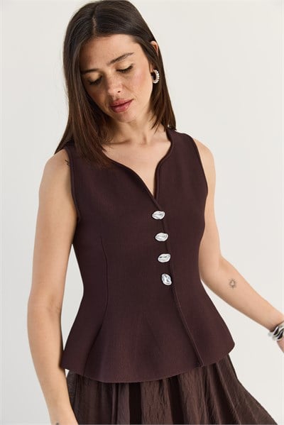 Kadın Metal Düğme Detaylı V Yaka Peplum Triko Yelek 2785 60286529 - Mürdüm