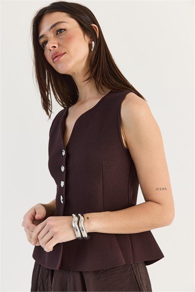 Kadın Metal Düğme Detaylı V Yaka Peplum Triko Yelek 2785 60286529 - Mürdüm