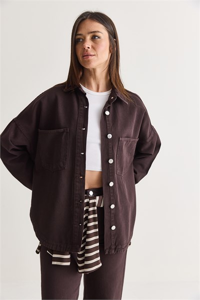 Kadın Mevsimlik Çift Cepli Düğmeli Oversize Denim Gömlek Ceket YC2530 60286689 - Acı Kahve