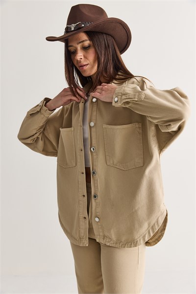 Kadın Mevsimlik Çift Cepli Düğmeli Oversize Denim Gömlek Ceket YC2530 60286689 - Bej