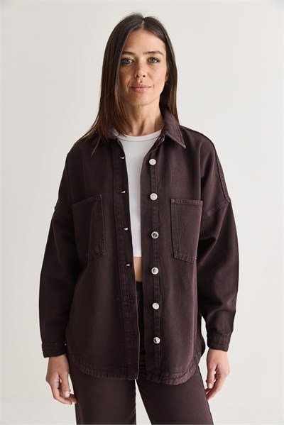 Kadın Mevsimlik Çift Cepli Düğmeli Oversize Denim Gömlek Ceket YC2530 60286689 - Acı Kahve