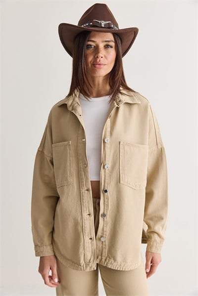 Kadın Mevsimlik Çift Cepli Düğmeli Oversize Denim Gömlek Ceket YC2530 60286689 - Bej