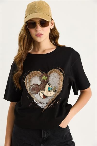 Kadın Mickey Mouse Baskılı Boncuk İşlemeli Oversize Pamuklu T-Shirt 1633 60283284 - Siyah