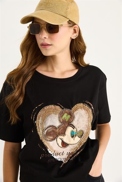 Kadın Mickey Mouse Baskılı Boncuk İşlemeli Oversize Pamuklu T-Shirt 1633 60283284 - Siyah