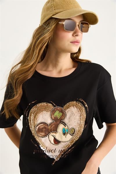 Kadın Mickey Mouse Baskılı Boncuk İşlemeli Oversize Pamuklu T-Shirt 1633 60283284 - Siyah