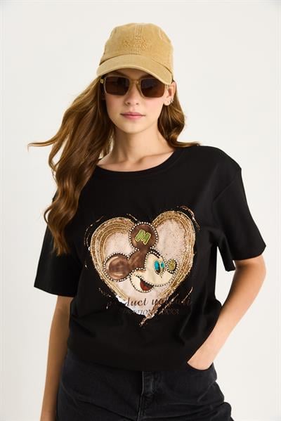 Kadın Mickey Mouse Baskılı Boncuk İşlemeli Oversize Pamuklu T-Shirt 1633 60283284 - Siyah
