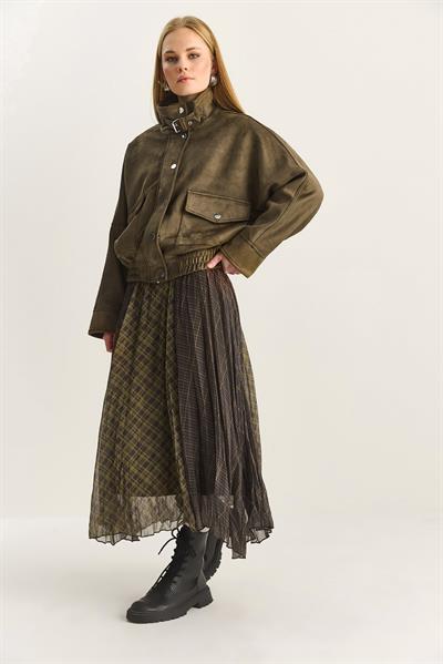 Kadın Mix Ekose Desenli Kırışık Efektli Astarlı Midi Şifon Etek 20090 60283906 - Haki