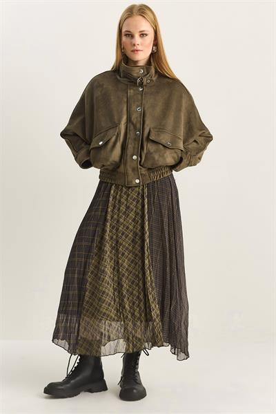 Kadın Mix Ekose Desenli Kırışık Efektli Astarlı Midi Şifon Etek 20090 60283906 - Haki