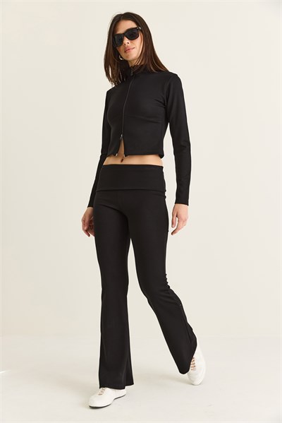 Kadın Modal Çift Fermuarlı Crop Hırka İspanyol Paça Pantolon Takım 36051 60286544 - Siyah