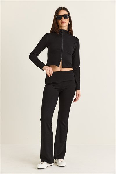 Kadın Modal Çift Fermuarlı Crop Hırka İspanyol Paça Pantolon Takım 36051 60286544 - Siyah