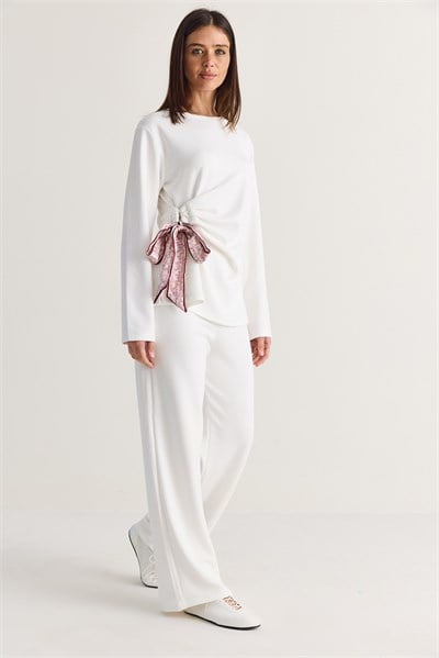 Kadın Modal Fular Bağlama Detaylı Bluz Yüksek Bel Pantolon Alt-Üst Takım 829 60286602 - Beyaz ALT - ÜST TAKIM modelleri