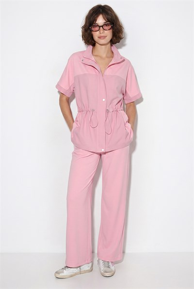 Kadın Modal Kumaş Dik Yaka Stoperli Hırka Bol Paça Pantolon Takım 2664 60286402 - Pembe
