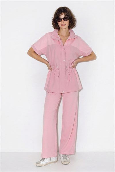 Kadın Modal Kumaş Dik Yaka Stoperli Hırka Bol Paça Pantolon Takım 2664 60286402 - Pembe