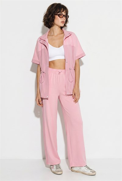 Kadın Modal Kumaş Dik Yaka Stoperli Hırka Bol Paça Pantolon Takım 2664 60286402 - Pembe