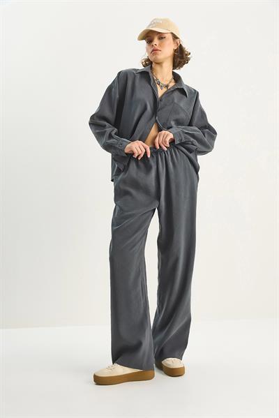 Kadın Modal Tek Cepli Oversize Gömlek Yüksek Bel Bol Pantolon Takım 210 60283673 - Antrasit