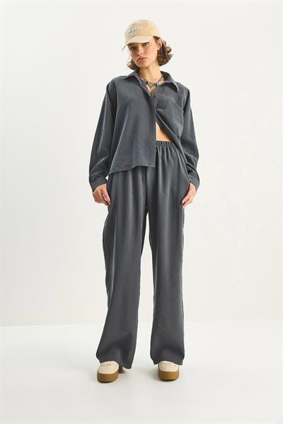 Kadın Modal Tek Cepli Oversize Gömlek Yüksek Bel Bol Pantolon Takım 210 60283673 - Antrasit