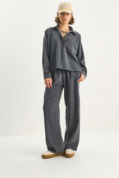 Kadın Modal Tek Cepli Oversize Gömlek Yüksek Bel Bol Pantolon Takım 210 60283673 - Antrasit