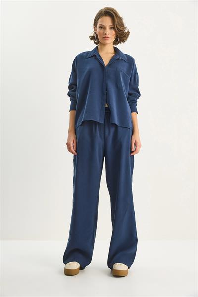Kadın Modal Tek Cepli Oversize Gömlek Yüksek Bel Bol Pantolon Takım 210 60283673 - Lacivert