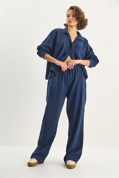 Kadın Modal Tek Cepli Oversize Gömlek Yüksek Bel Bol Pantolon Takım 210 60283673 - Lacivert