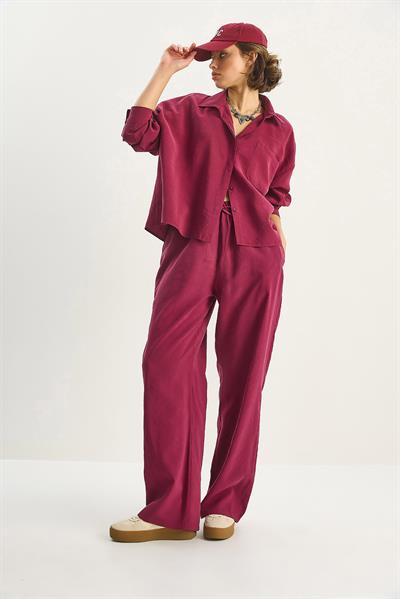 Kadın Modal Tek Cepli Oversize Gömlek Yüksek Bel Bol Pantolon Takım 210 60283673 - Bordo