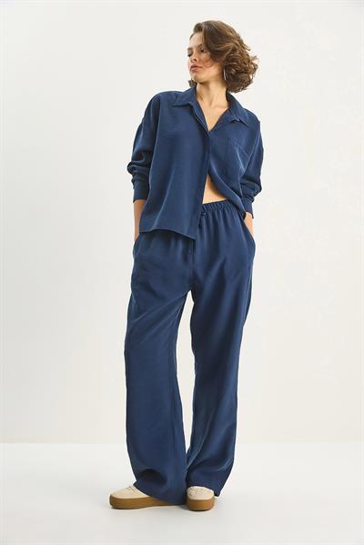 Kadın Modal Tek Cepli Oversize Gömlek Yüksek Bel Bol Pantolon Takım 210 60283673 - Lacivert