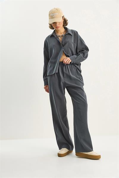 Kadın Modal Tek Cepli Oversize Gömlek Yüksek Bel Bol Pantolon Takım 210 60283673 - Antrasit
