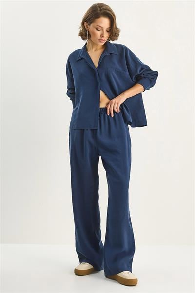 Kadın Modal Tek Cepli Oversize Gömlek Yüksek Bel Bol Pantolon Takım 210 60283673 - Lacivert