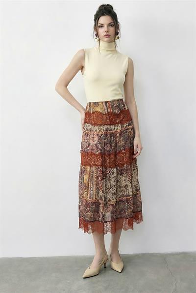 Kadın Multi Desenli Dantel Detaylı Astarlı Maxi Etek 37207 60283997 - turuncu