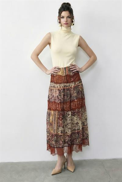 Kadın Multi Desenli Dantel Detaylı Astarlı Maxi Etek 37207 60283997 - turuncu