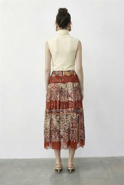 Kadın Multi Desenli Dantel Detaylı Astarlı Maxi Etek 37207 60283997 - turuncu