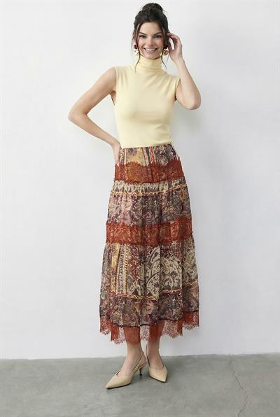 Kadın Multi Desenli Dantel Detaylı Astarlı Maxi Etek 37207 60283997 - turuncu