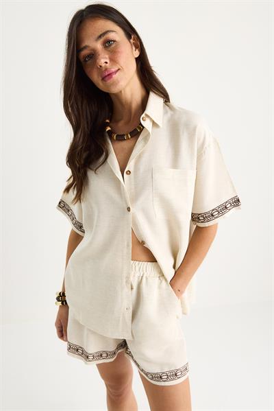 Kadın Nakış Detaylı Cepli Keten Şort Gömlek Alt-Üst Takım G28-4952 60283365 - Bej