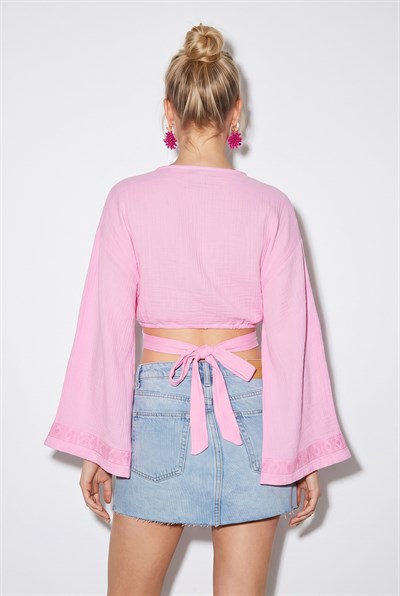 Kadın Nakış İşlemeli Bağlama Detaylı Geniş Kollu Müslin Kimono Bluz 7014 60283386 - Pudra