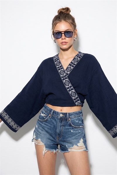 Kadın Nakış İşlemeli Bağlama Detaylı Geniş Kollu Müslin Kimono Bluz 7014 60283386 - Lacivert