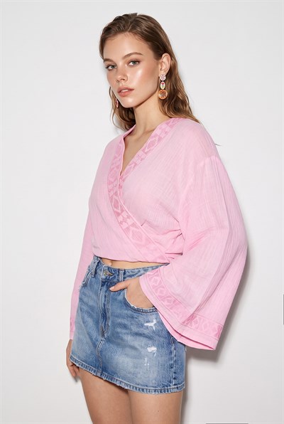 Kadın Nakış İşlemeli Bağlama Detaylı Geniş Kollu Müslin Kimono Bluz 7014 60283386 - Toz Pembe