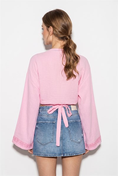 Kadın Nakış İşlemeli Bağlama Detaylı Geniş Kollu Müslin Kimono Bluz 7014 60283386 - Toz Pembe